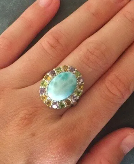 Larimar Ring - Victorian Statement Ring - Blue Larimar Ring