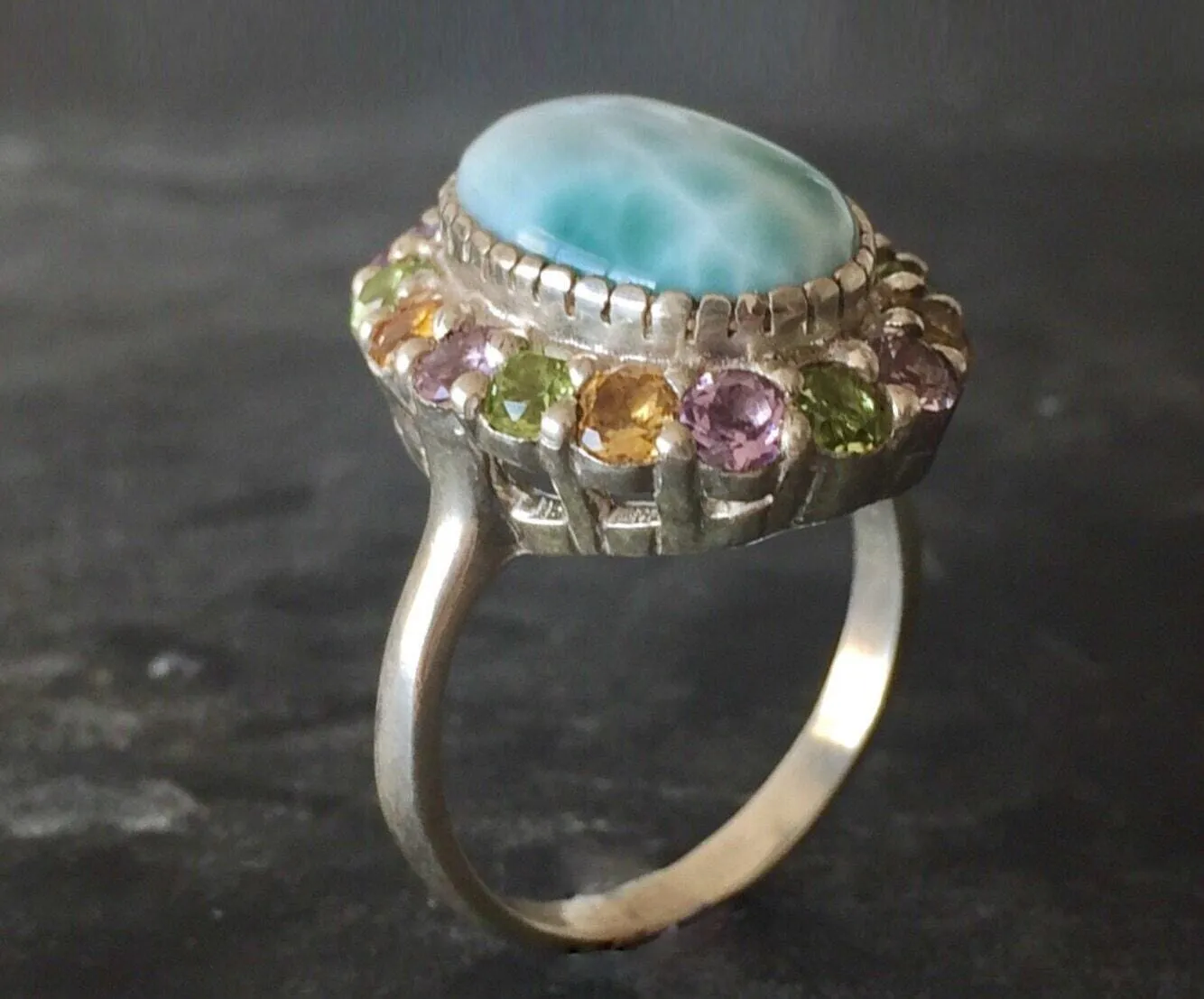 Larimar Ring - Victorian Statement Ring - Blue Larimar Ring