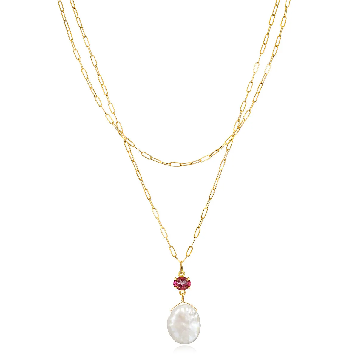 Layered Pink Topaz & Keshi Pearl Necklace