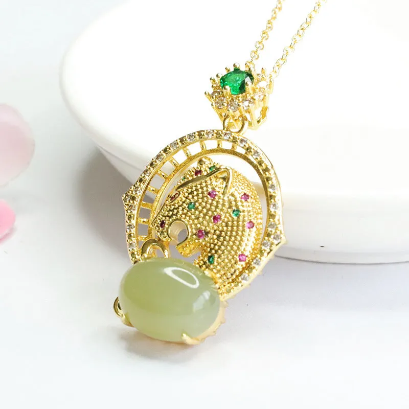 Leopard Head Jade Pendant with Zircon Accents