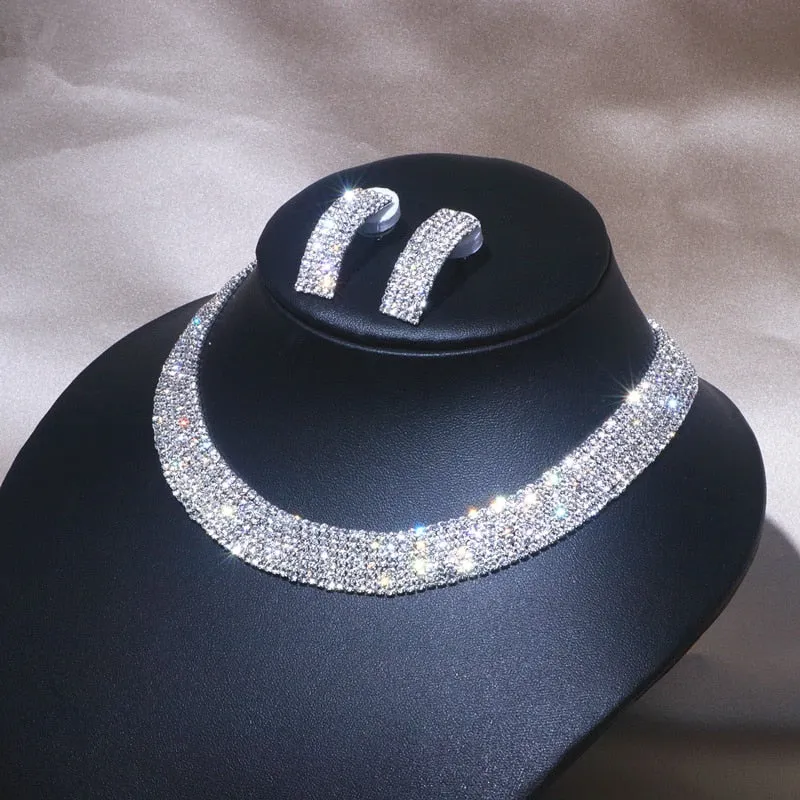 Luxury Classic Fashion Crystal Necklace Earrings Set Party  Jewelry Sets