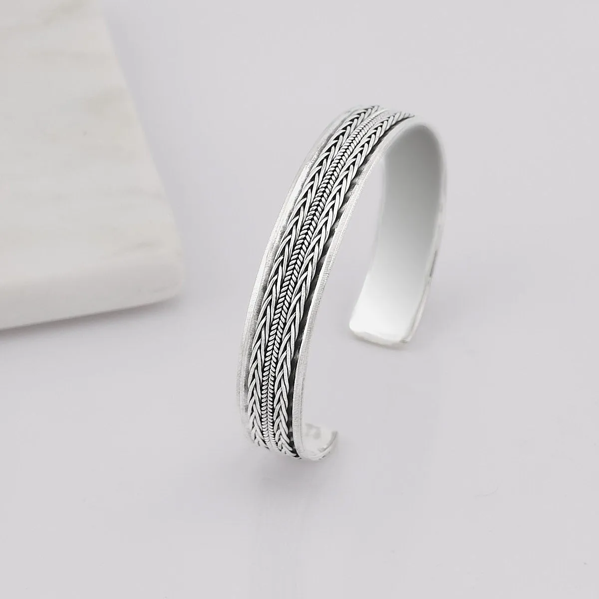Men's Iconic Braided Sterling Silver Bangle | Handmade Silver Bracelet for Men