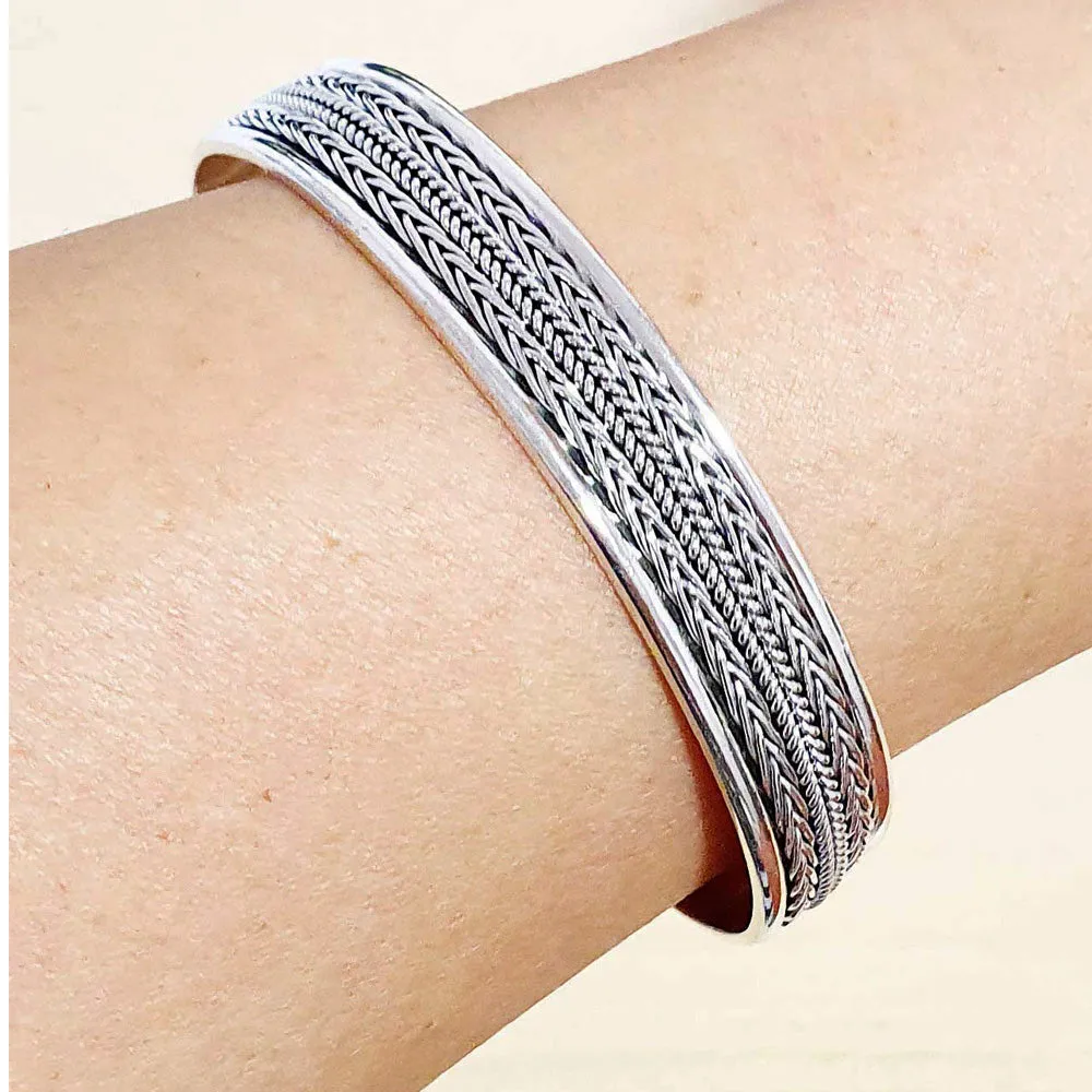 Men's Iconic Braided Sterling Silver Bangle | Handmade Silver Bracelet for Men