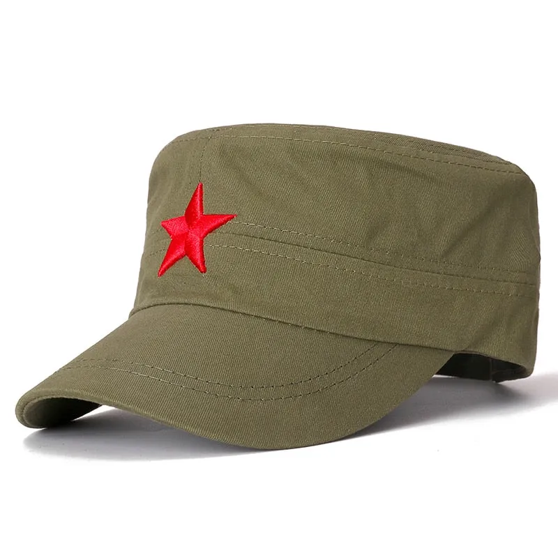 Military Caps For Men Adjustable Cadet Army Hat Red 5-Pointed Star Embroidery Flat Top Cap