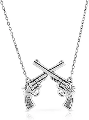 Montana Silversmiths Antiqued Silver Tone Etched Crossed Pistols Pendant 18" Necklace
