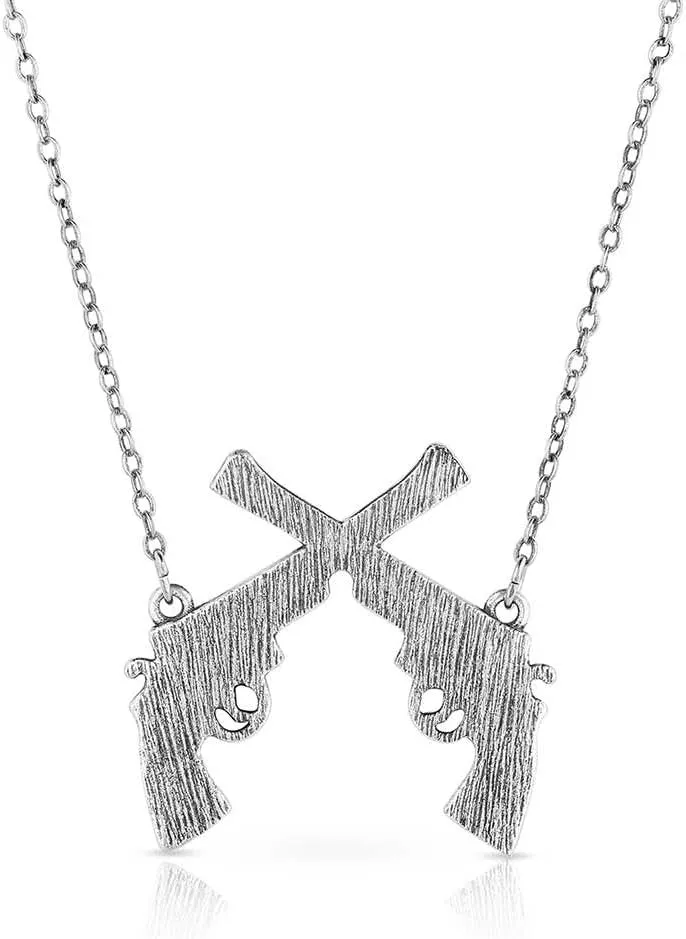 Montana Silversmiths Antiqued Silver Tone Etched Crossed Pistols Pendant 18" Necklace