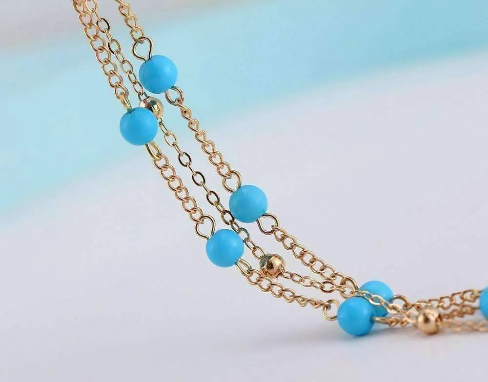 Multi-Layer Turquoise Bead Ankle Bracelet In Silver or Gold For Woman or Teens Casual or Beach Wear