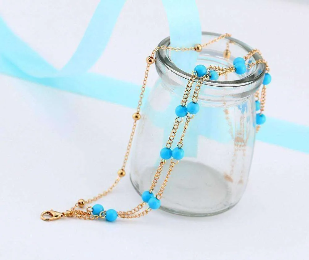 Multi-Layer Turquoise Bead Ankle Bracelet In Silver or Gold For Woman or Teens Casual or Beach Wear