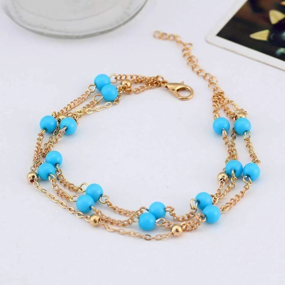 Multi-Layer Turquoise Bead Ankle Bracelet In Silver or Gold For Woman or Teens Casual or Beach Wear