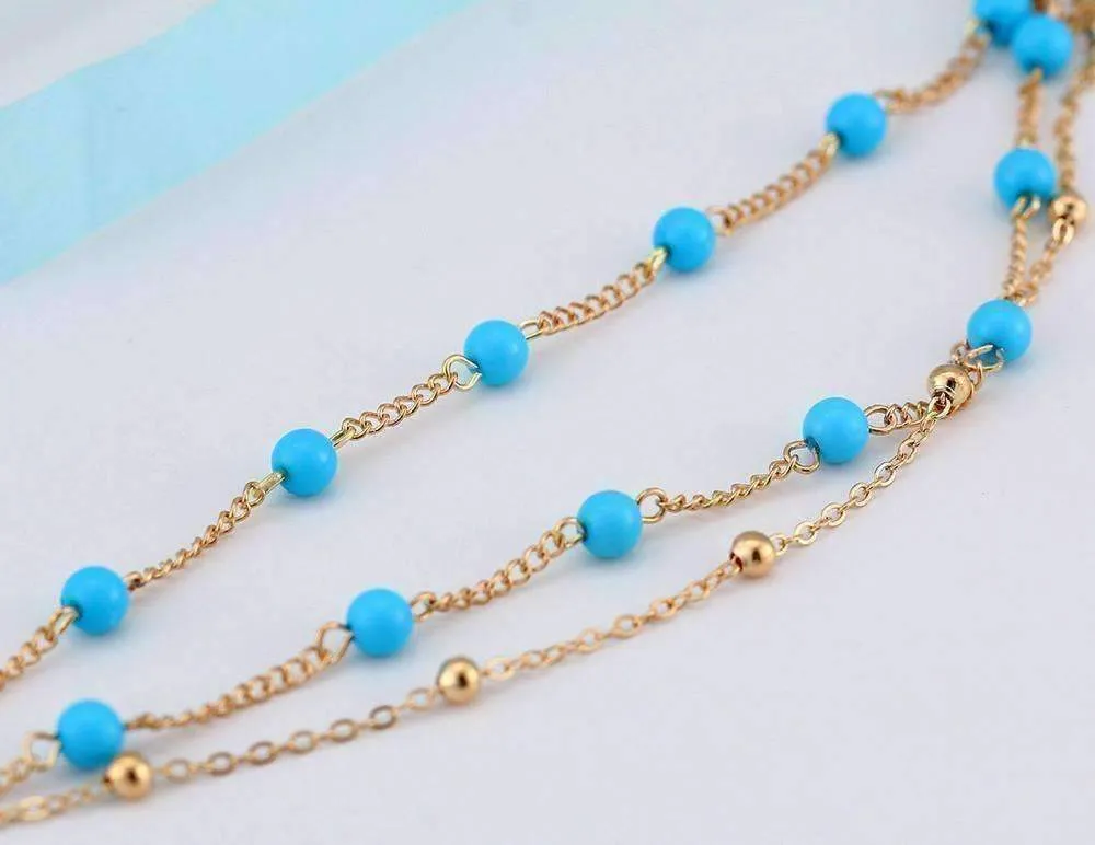Multi-Layer Turquoise Bead Ankle Bracelet In Silver or Gold For Woman or Teens Casual or Beach Wear