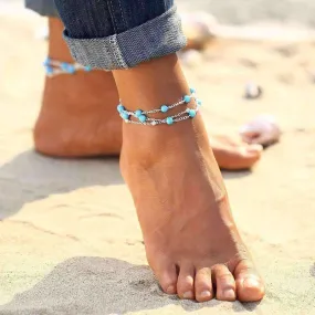 Multi-Layer Turquoise Bead Ankle Bracelet In Silver or Gold For Woman or Teens Casual or Beach Wear