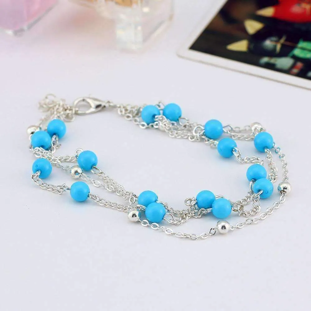 Multi-Layer Turquoise Bead Ankle Bracelet In Silver or Gold For Woman or Teens Casual or Beach Wear