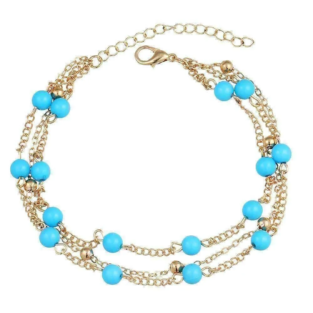 Multi-Layer Turquoise Bead Ankle Bracelet In Silver or Gold For Woman or Teens Casual or Beach Wear