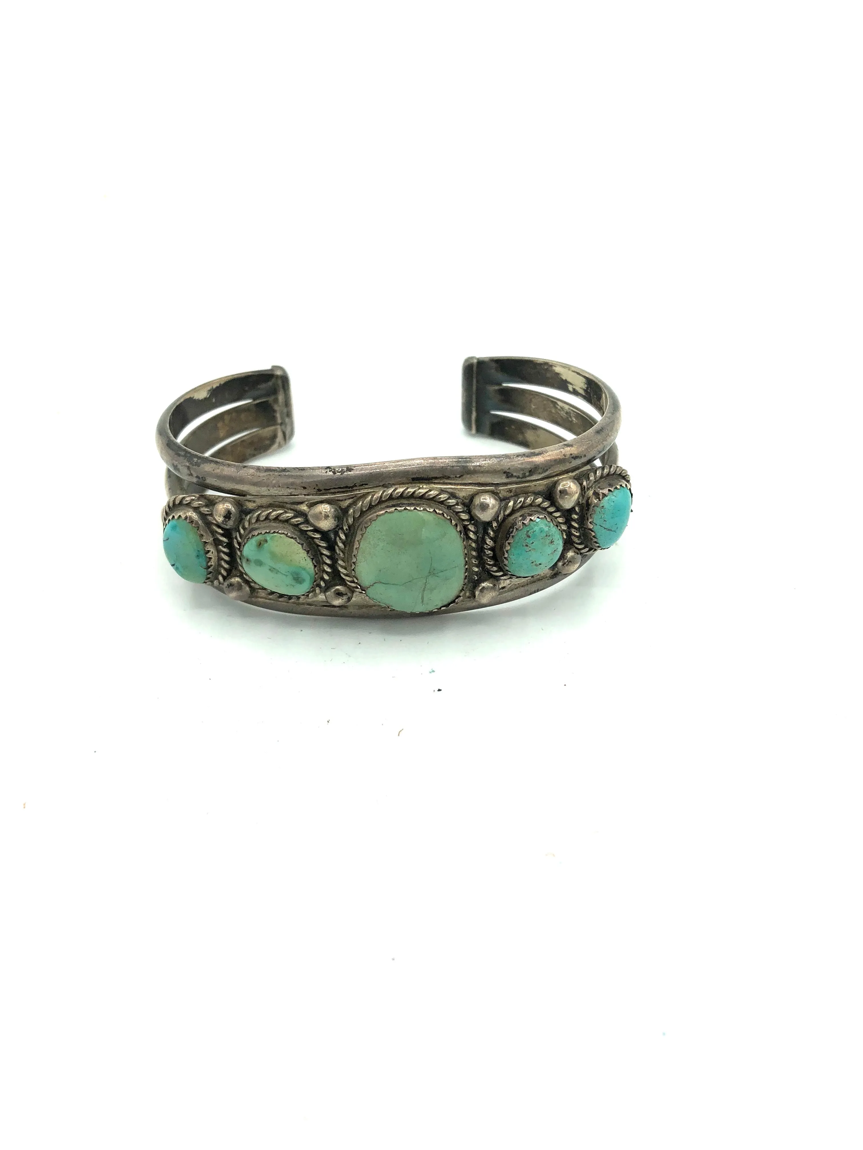 Native American Heavy Silver Cuff with Graduated Turquoise Stones