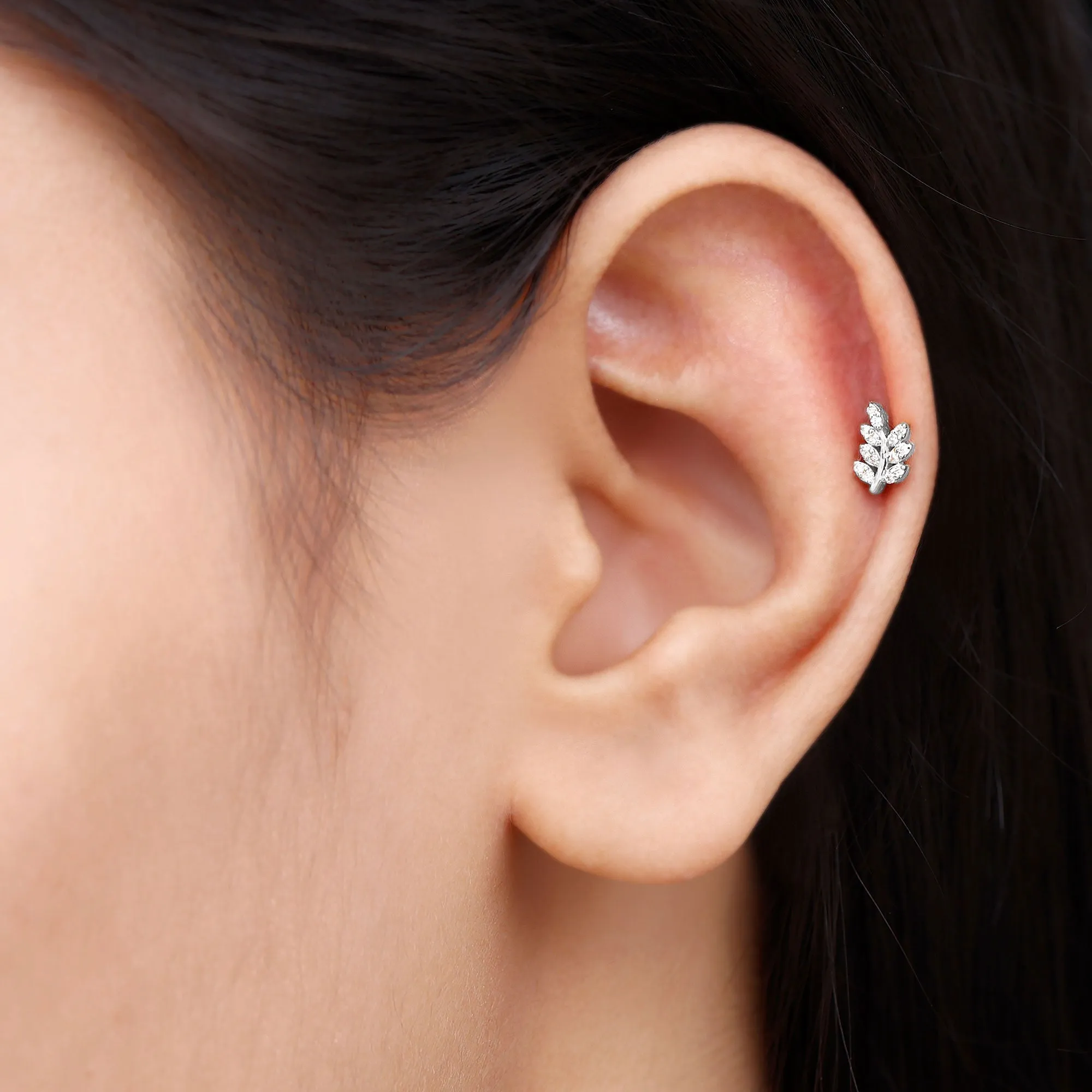 Natural Diamond Olive Leaf Earring for Cartilage Piercing