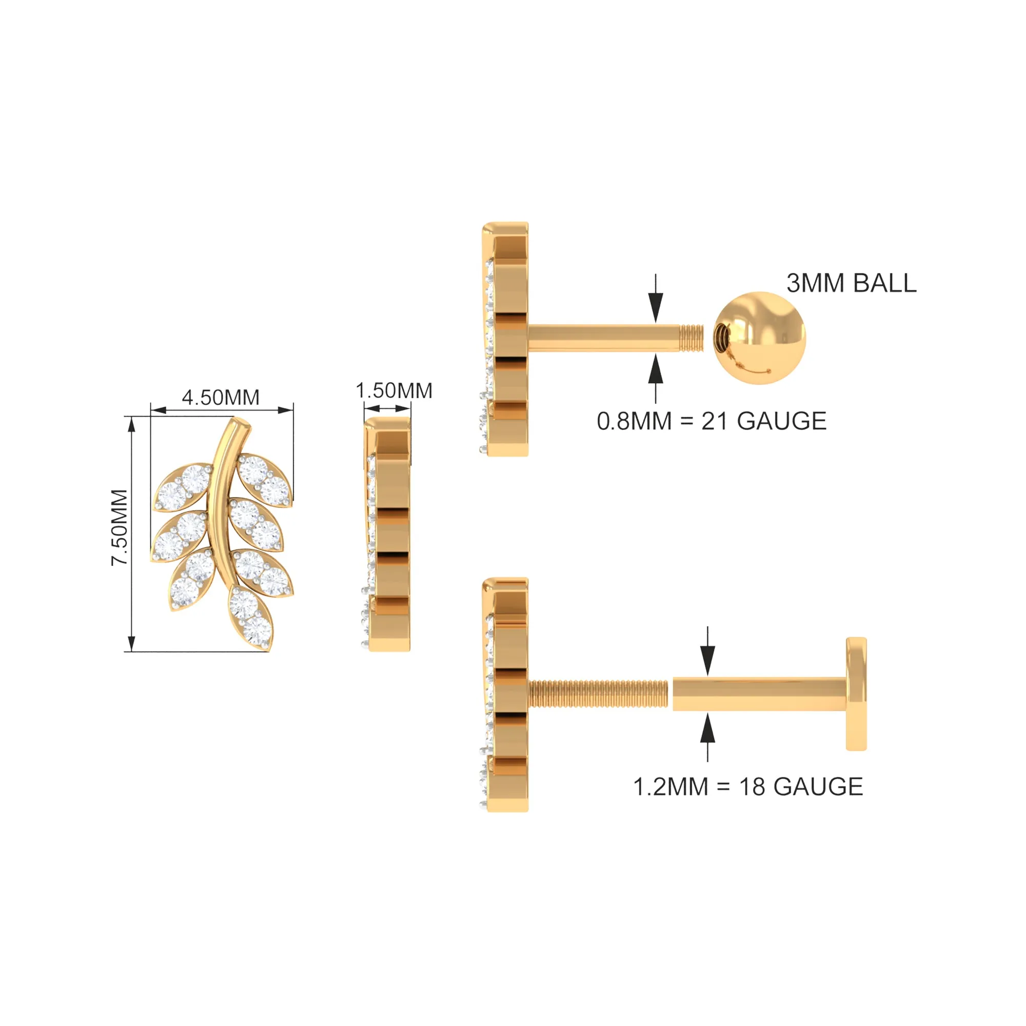 Natural Diamond Olive Leaf Earring for Cartilage Piercing