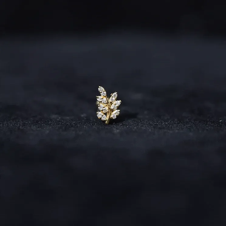 Natural Diamond Olive Leaf Earring for Cartilage Piercing