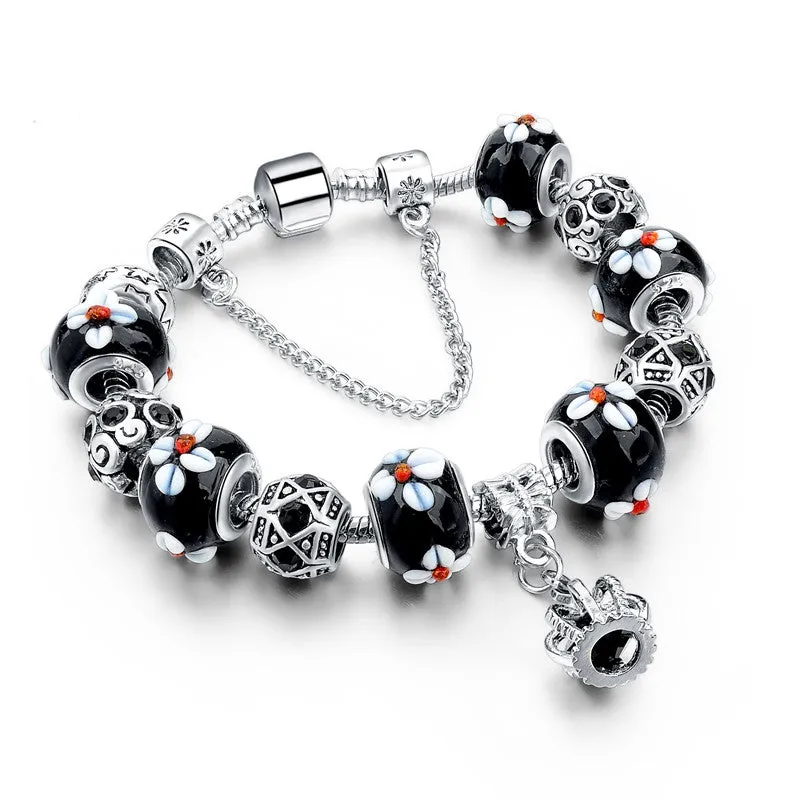 New Fashion 925 Silver Charm Bracelet For Women Royal Crown Bracelet Purple Crystal Beads Diy Jewelry