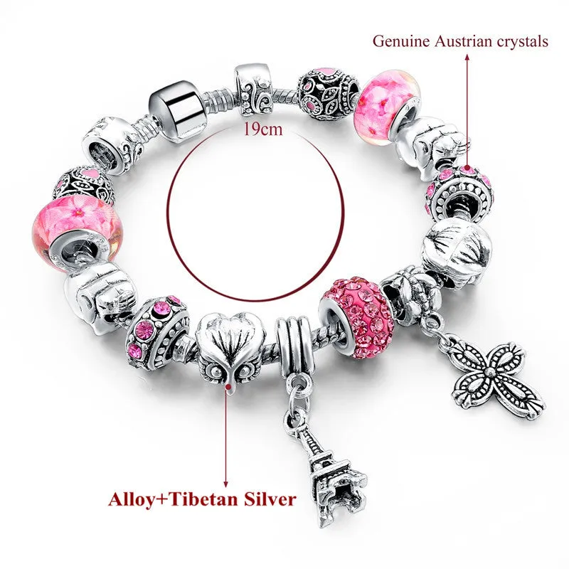New Fashion 925 Silver Charm Bracelet For Women Royal Crown Bracelet Purple Crystal Beads Diy Jewelry