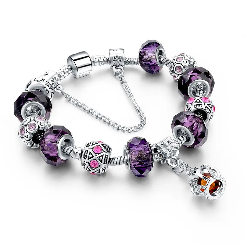 New Fashion 925 Silver Charm Bracelet For Women Royal Crown Bracelet Purple Crystal Beads Diy Jewelry