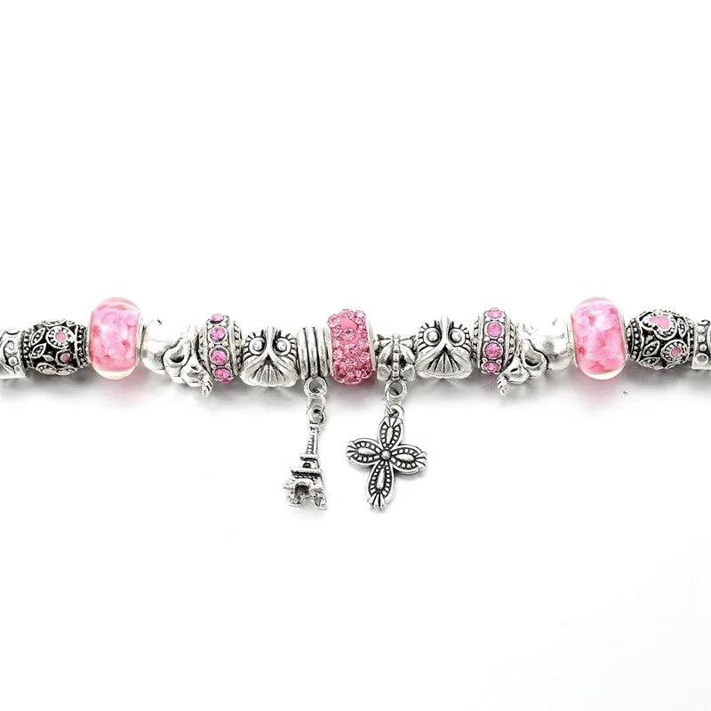 New Fashion 925 Silver Charm Bracelet For Women Royal Crown Bracelet Purple Crystal Beads Diy Jewelry