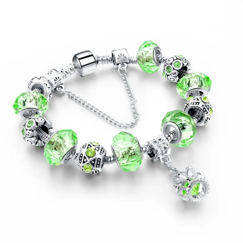 New Fashion 925 Silver Charm Bracelet For Women Royal Crown Bracelet Purple Crystal Beads Diy Jewelry