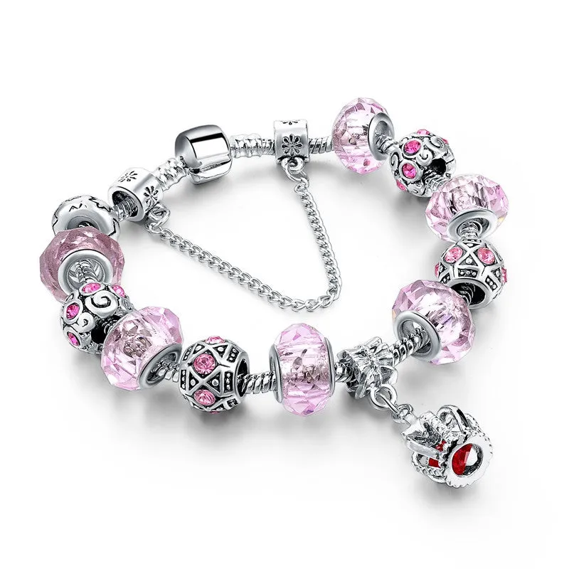 New Fashion 925 Silver Charm Bracelet For Women Royal Crown Bracelet Purple Crystal Beads Diy Jewelry