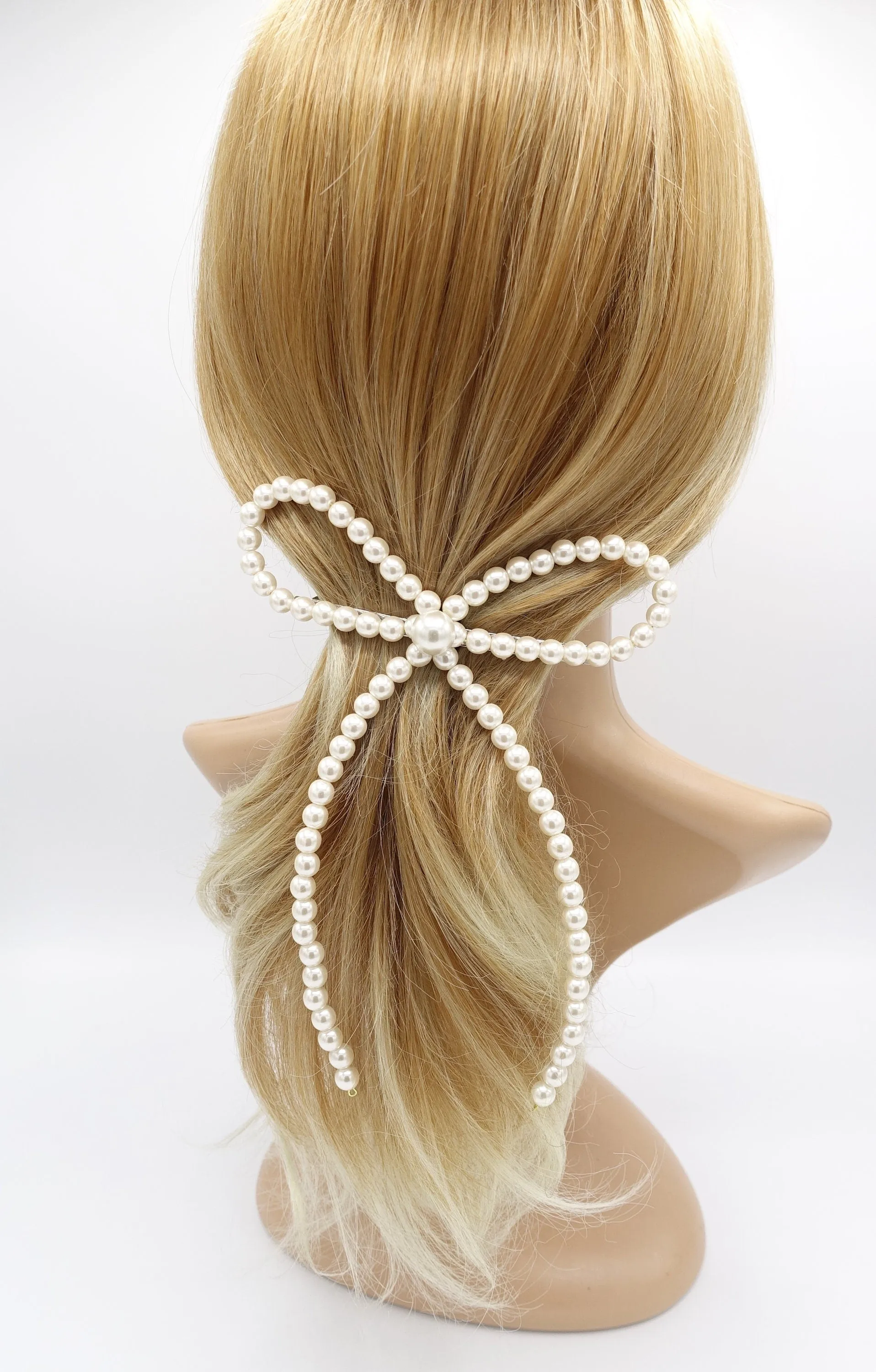 pearl bow barrette, pearl ribbon bow barrette for women