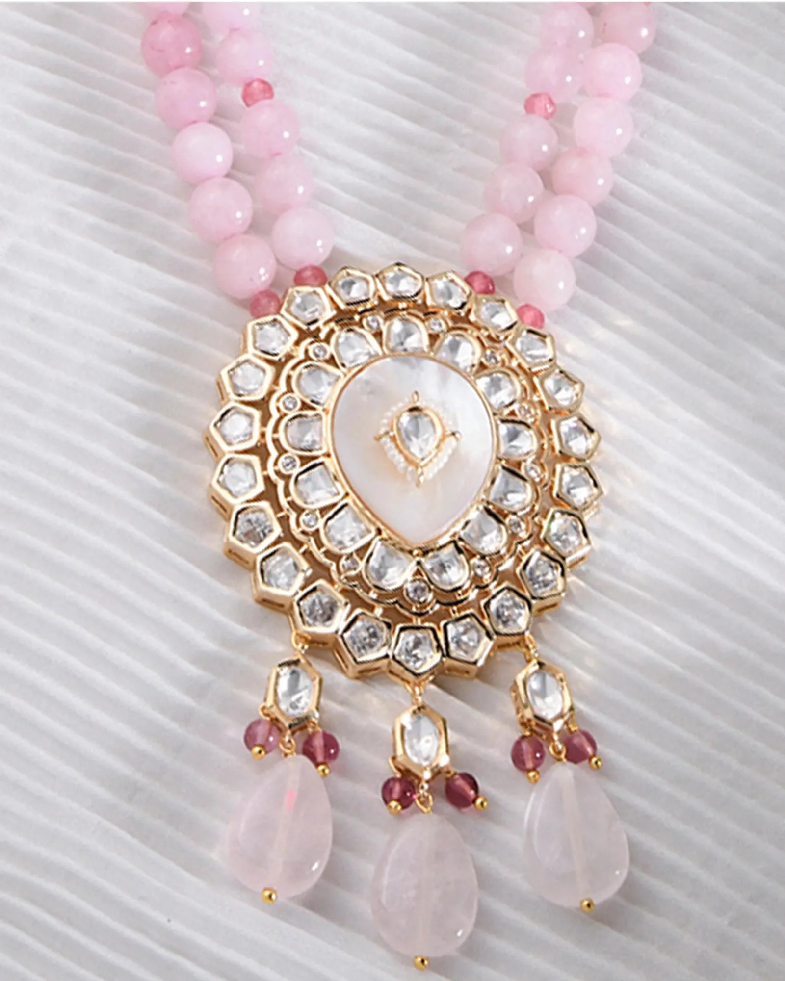 Pink Beaded Kundan Polki Necklace