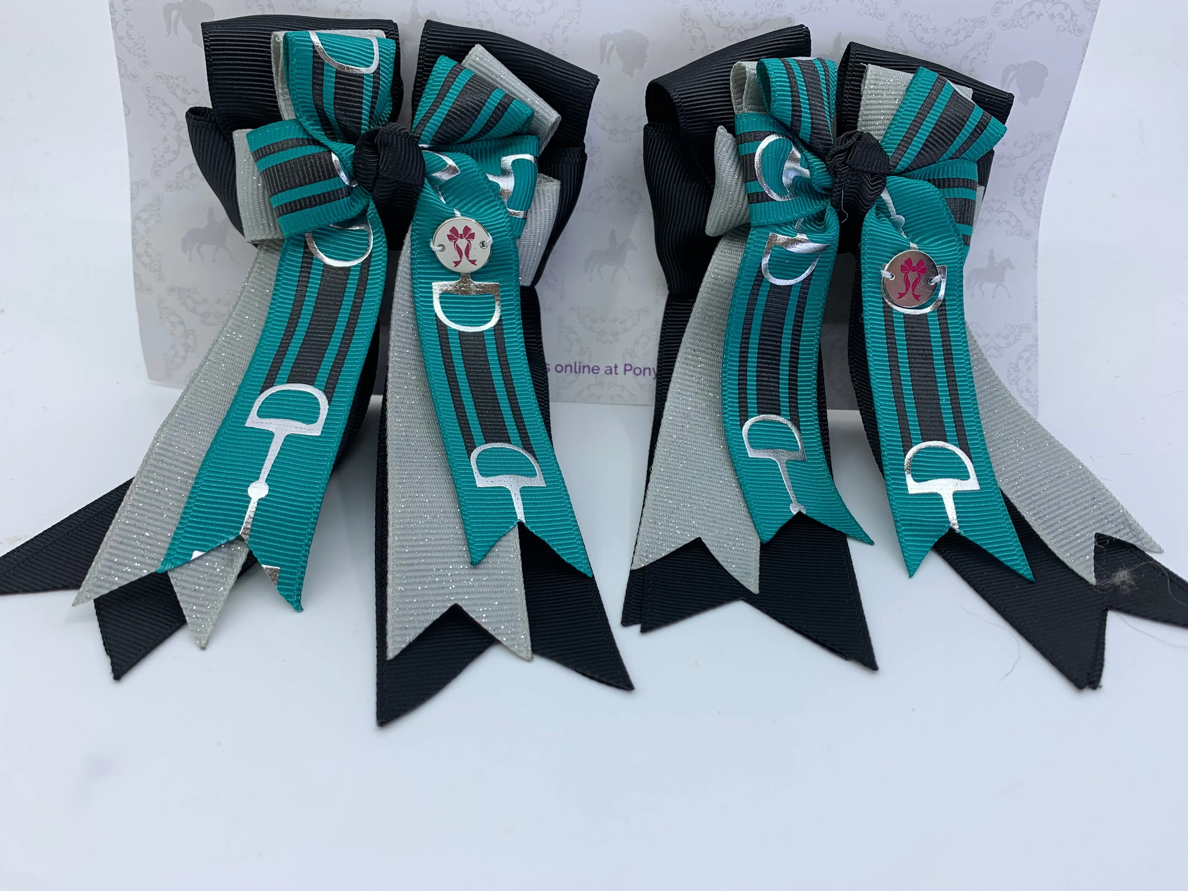 PonyTail Bows- Black/Gray Teal Bits