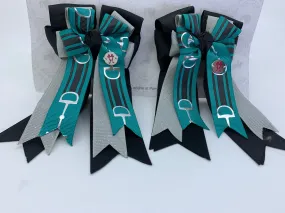 PonyTail Bows- Black/Gray Teal Bits