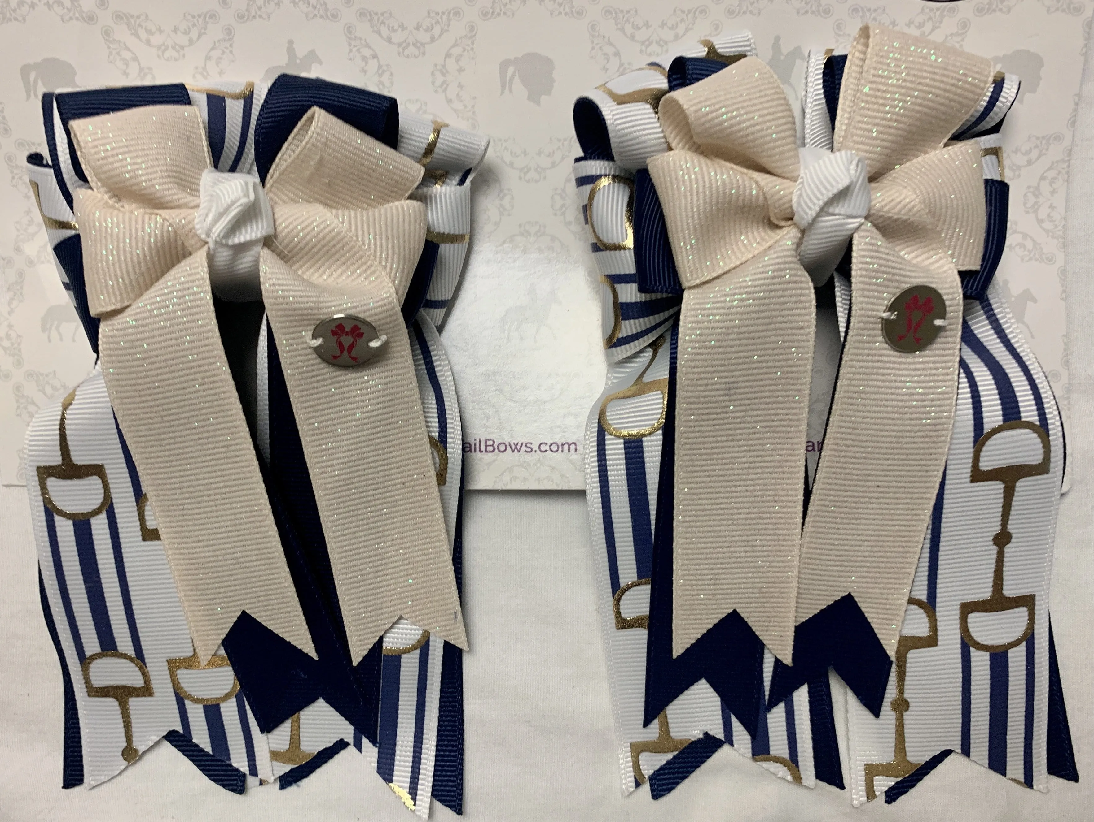 PonyTail Bows- Champagne Navy Striped Bits