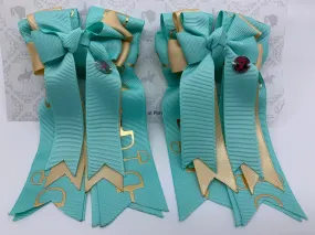 PonyTail Bows- Light Turquoise/Gold Bits