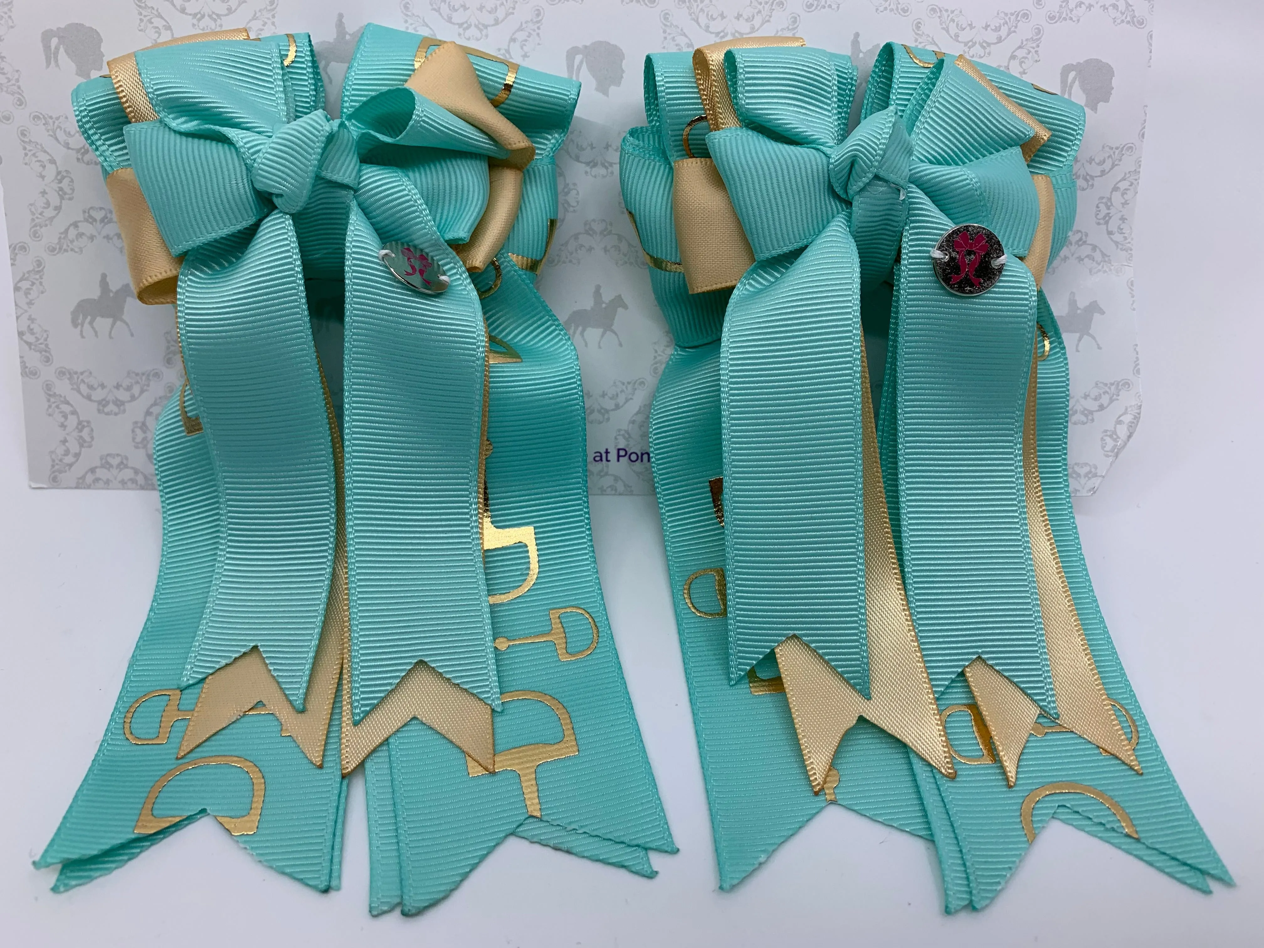 PonyTail Bows- Light Turquoise/Gold Bits