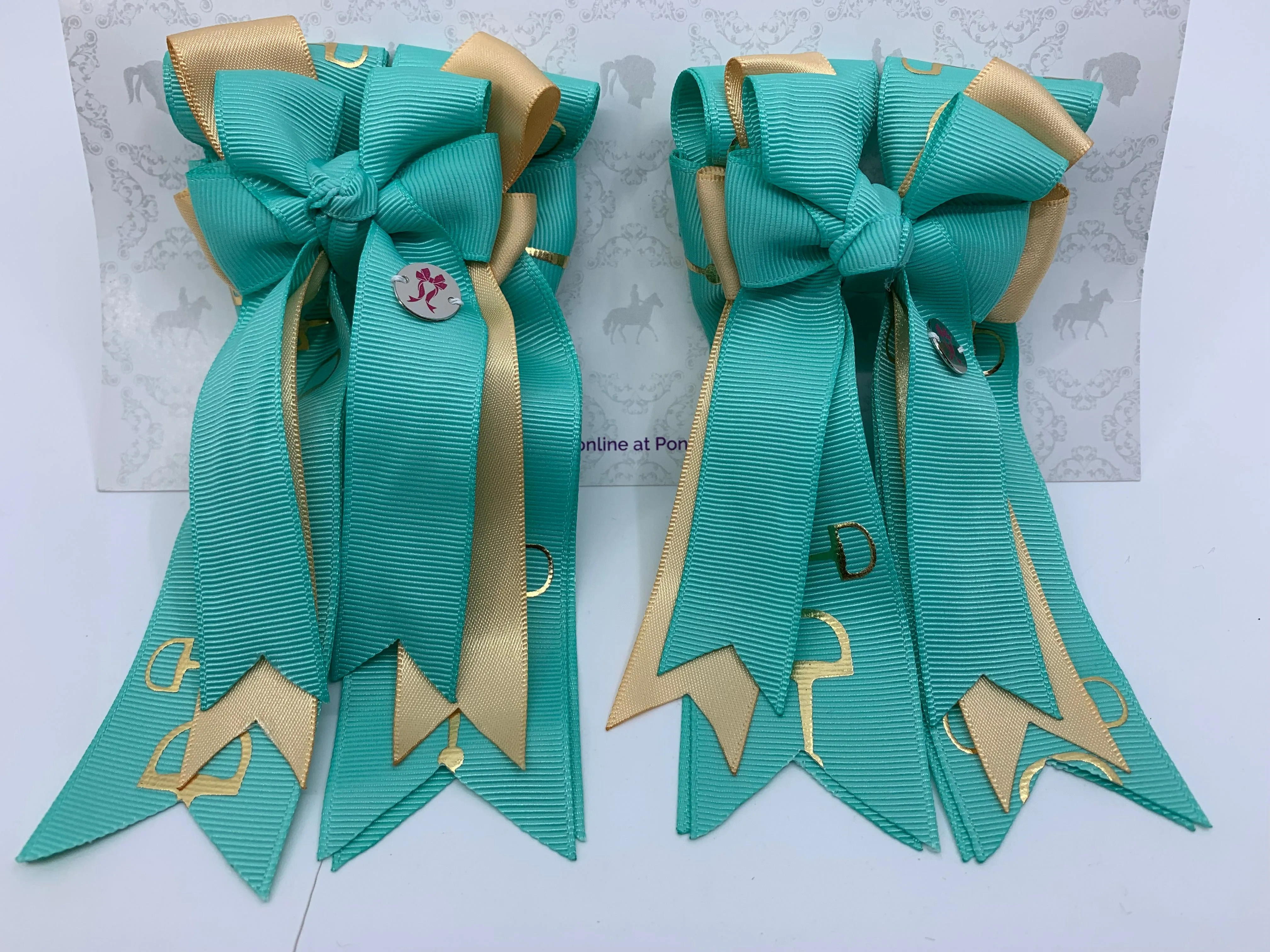 PonyTail Bows- Mint Green/Gold Bits