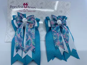 PonyTail Bows- Palm Trees Pastel Ocean Blue