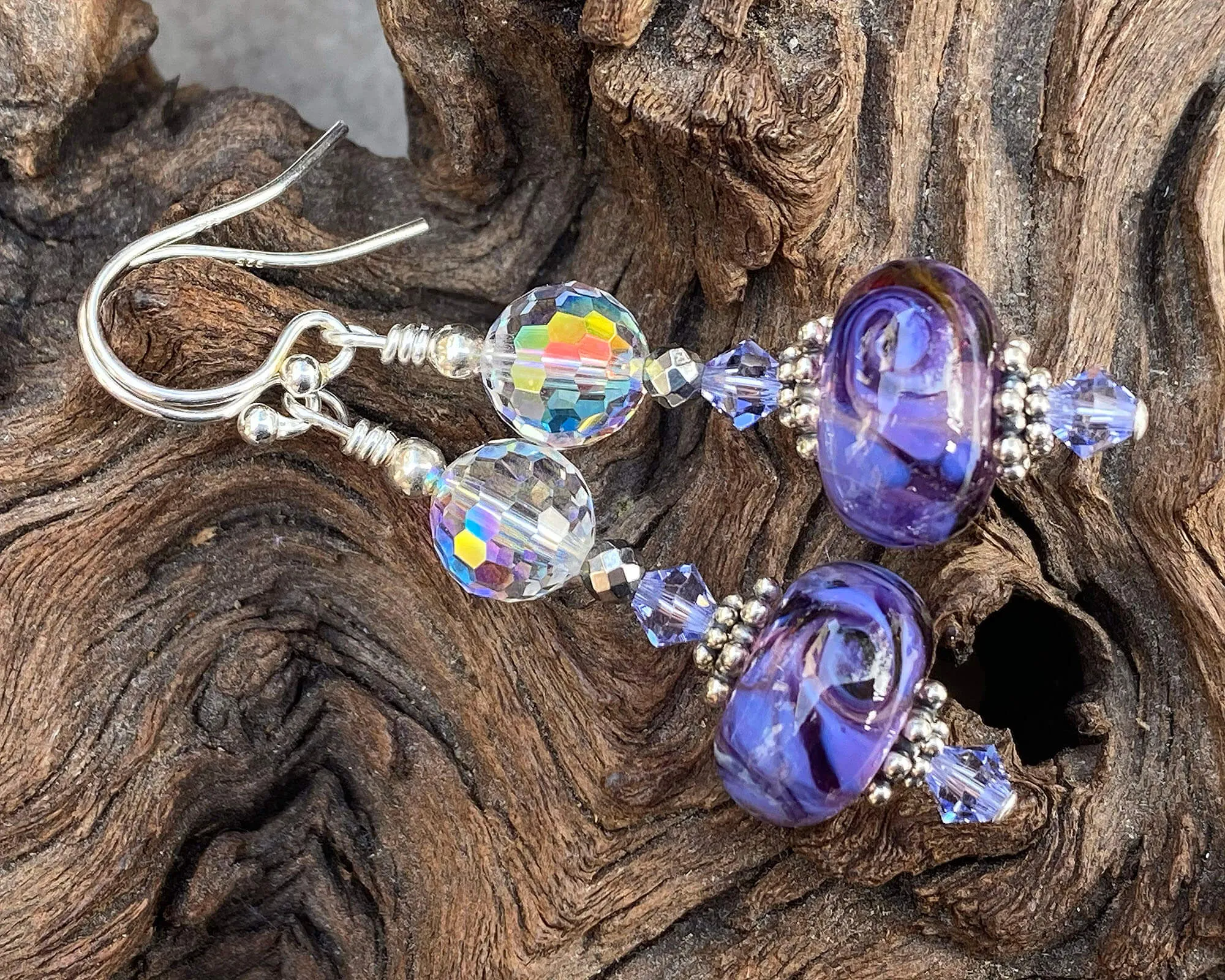 Purple Swirl Crystal Lampwork Earrings