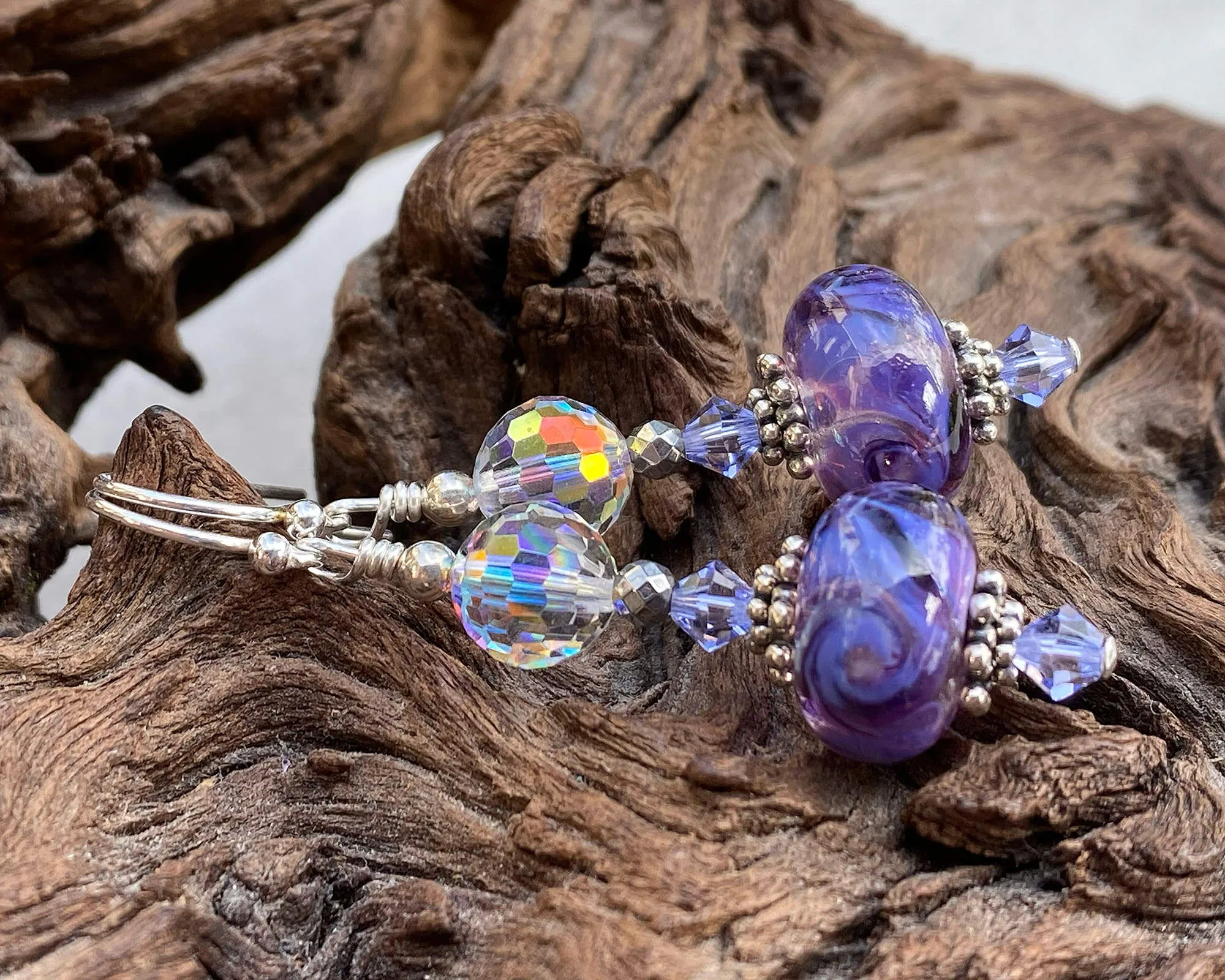 Purple Swirl Crystal Lampwork Earrings