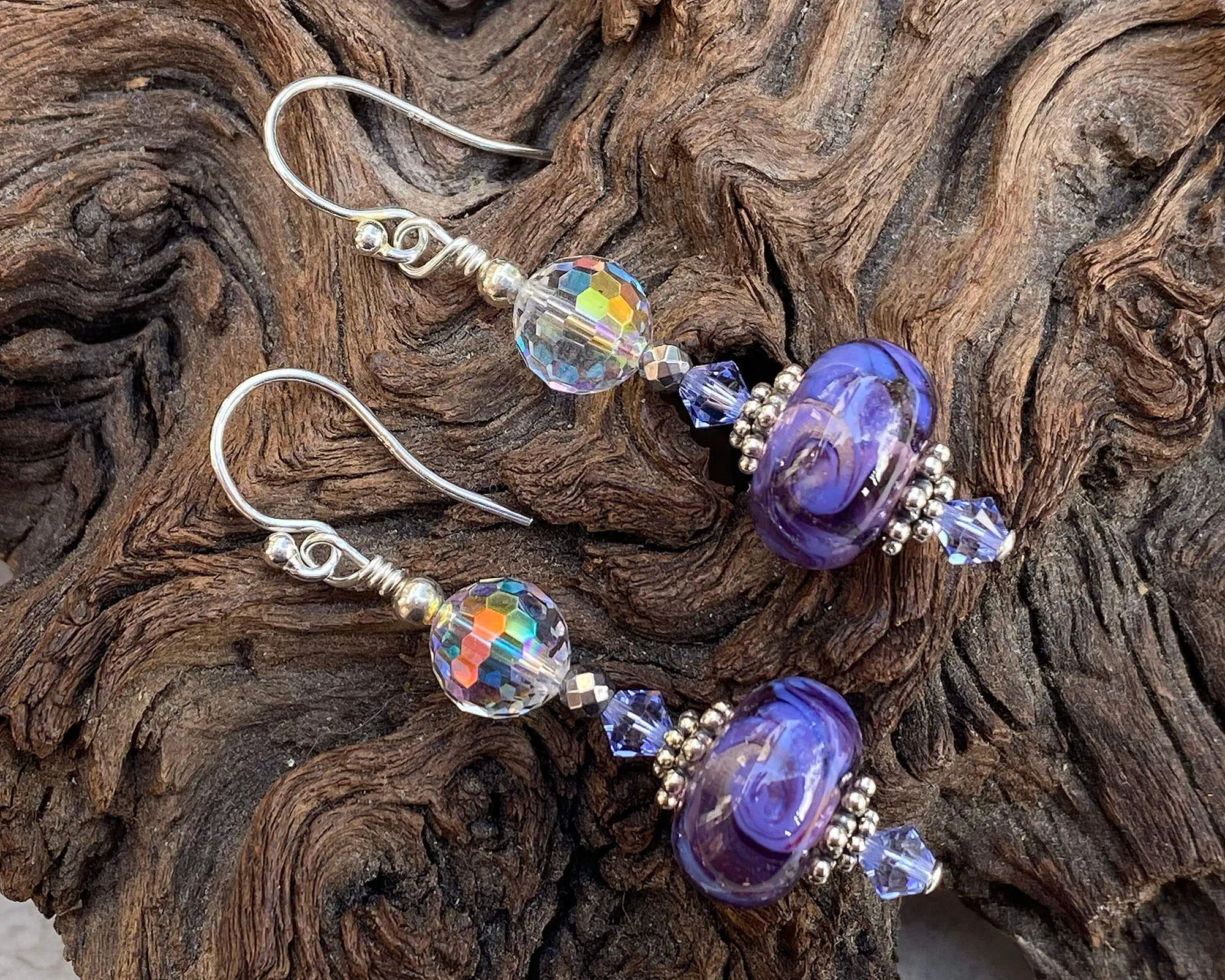 Purple Swirl Crystal Lampwork Earrings