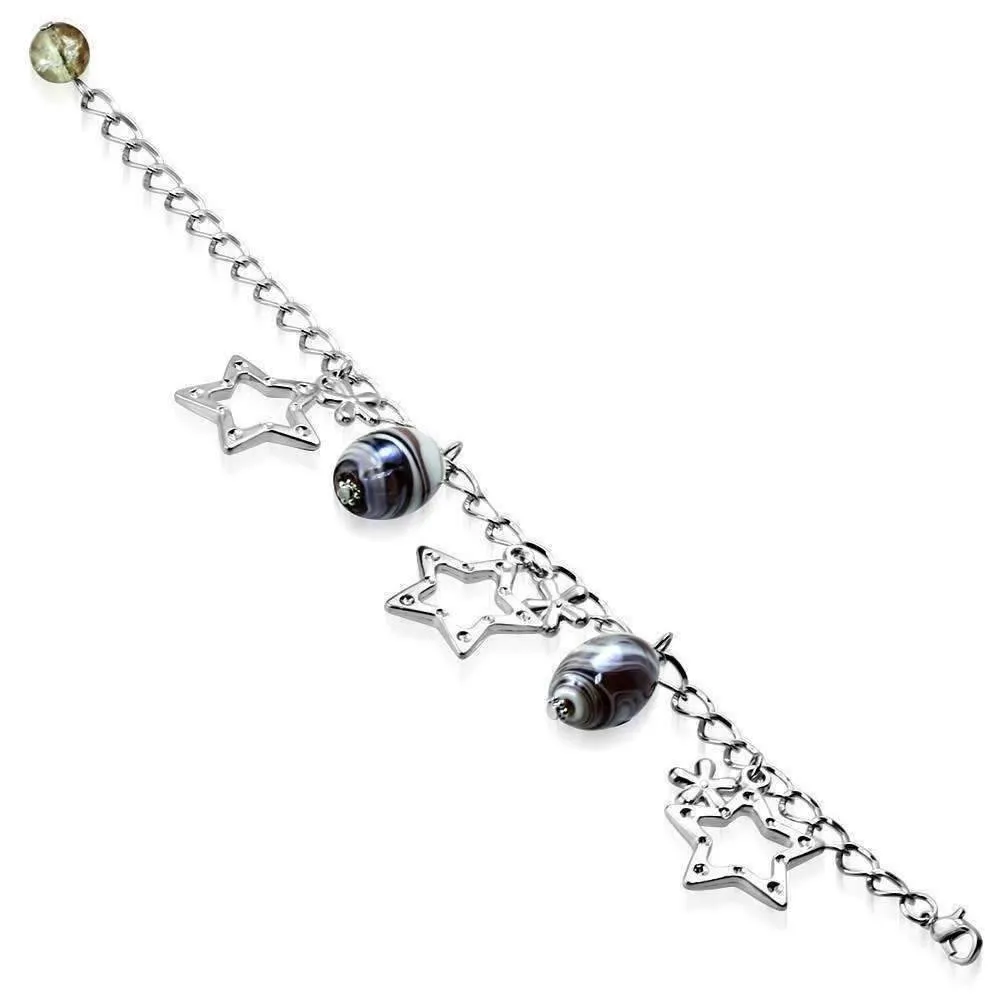 Purple Swirl Glass Bead and Stars Charm Bracelet in Silver for Women