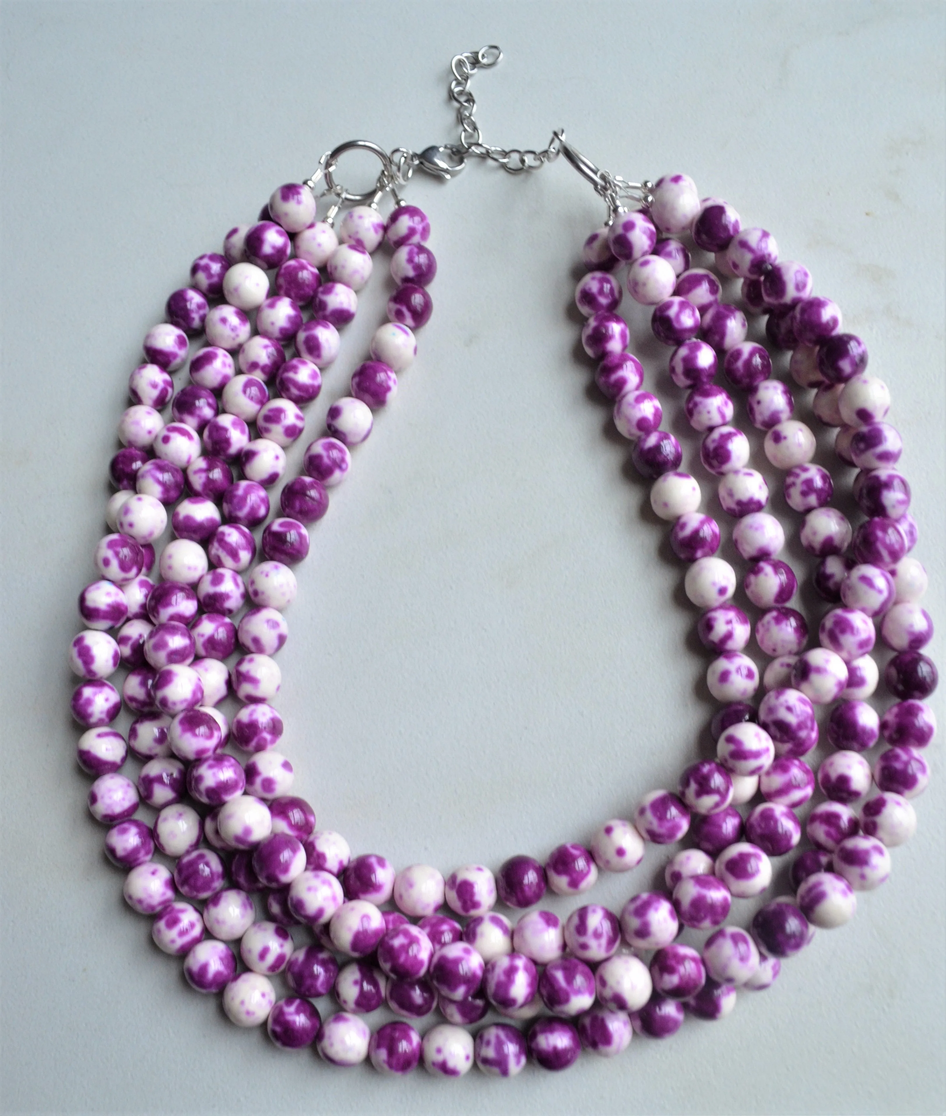 Purple White Beaded Jade Stone Chunky Multi Strand Statement Necklace - Alana