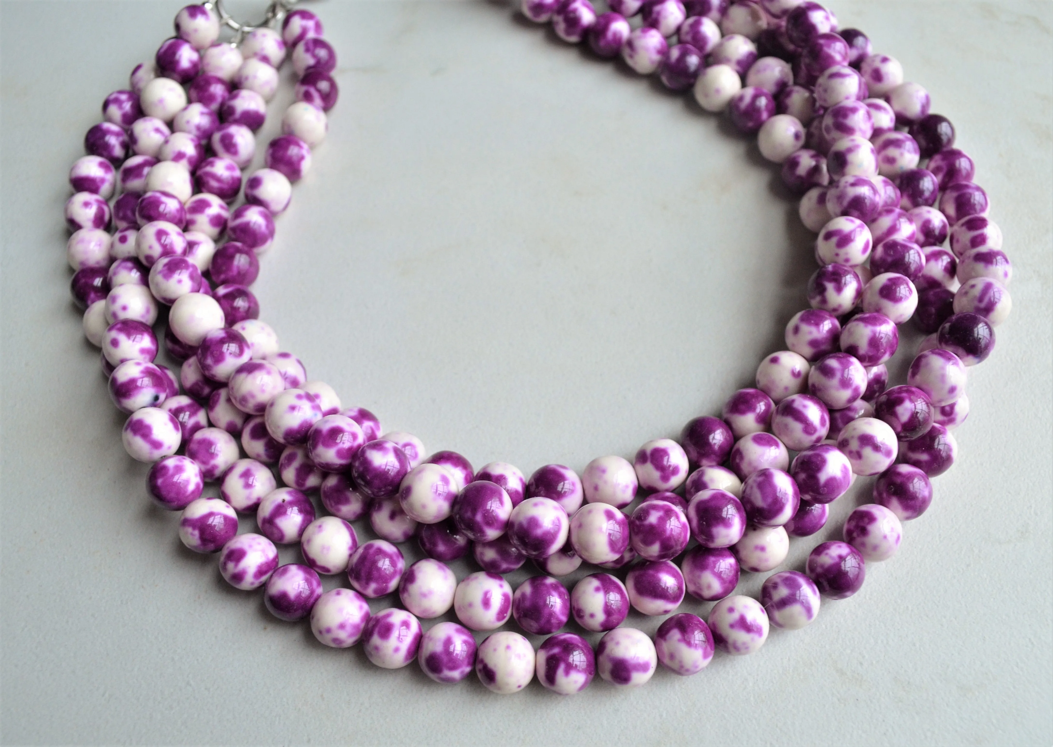 Purple White Beaded Jade Stone Chunky Multi Strand Statement Necklace - Alana