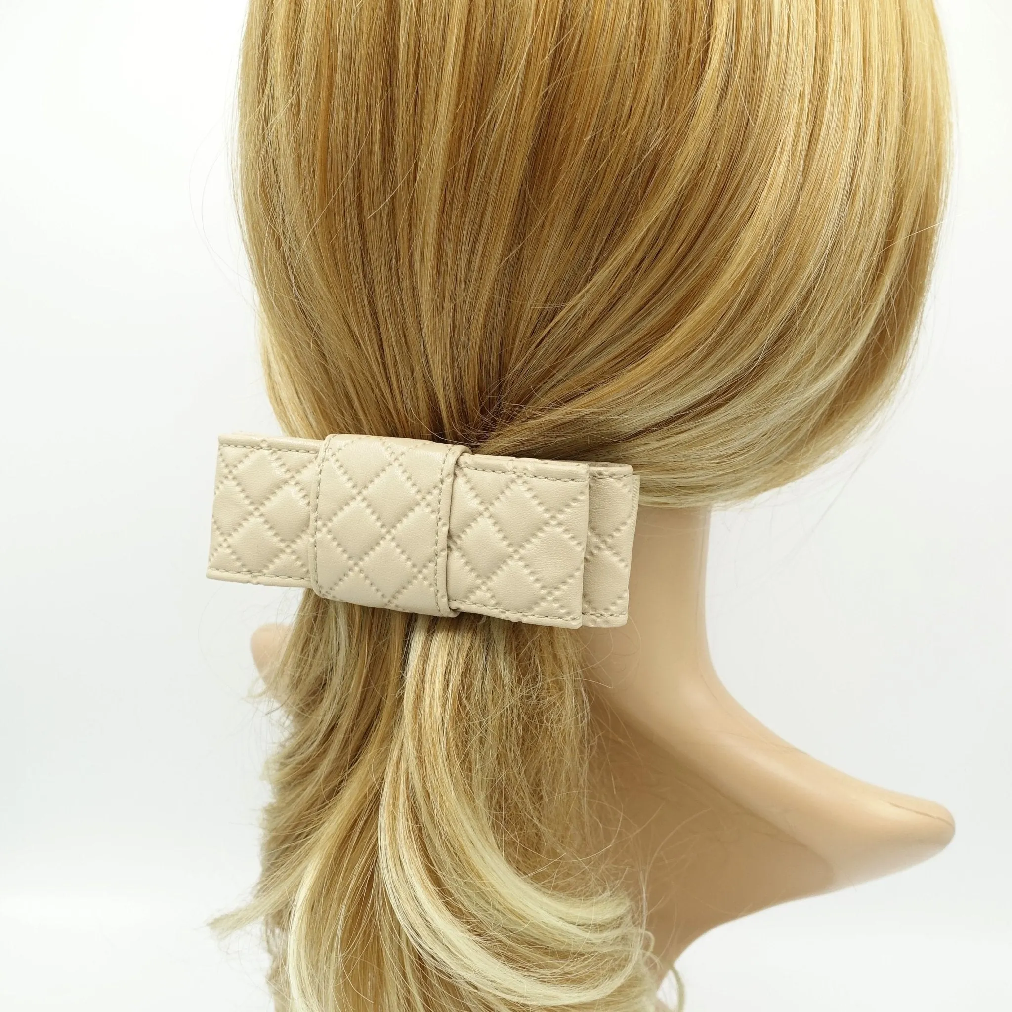 quilted hair bow faux leather layered flat style bow for women
