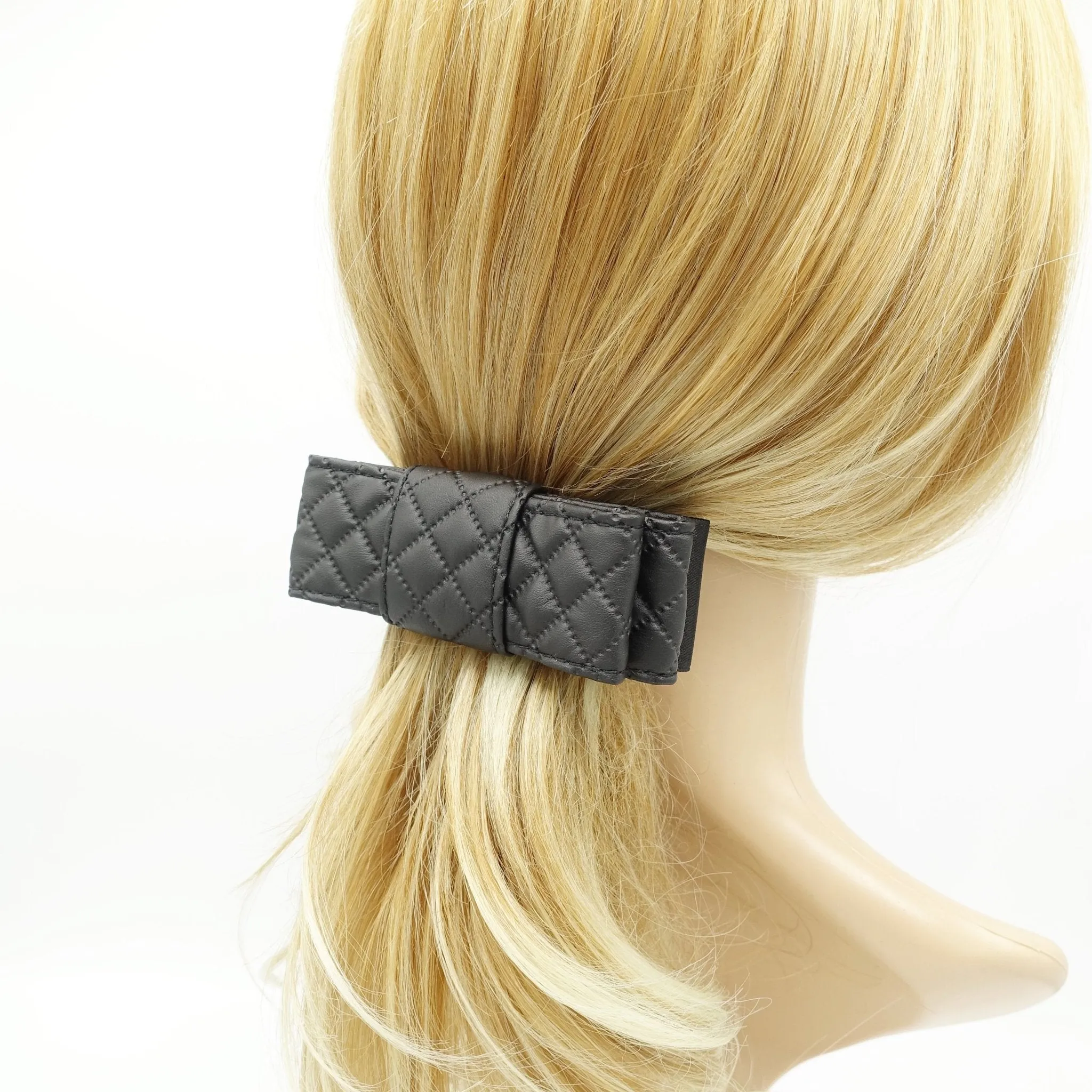 quilted hair bow faux leather layered flat style bow for women
