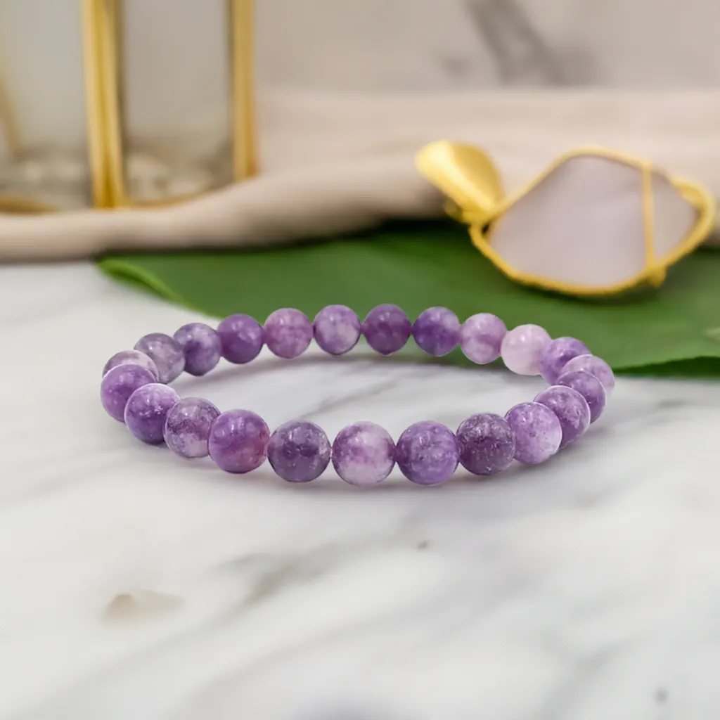 Real Lepidolite Beaded Elastic Bracelet – Healing Crystal Jewelry for Men & Women