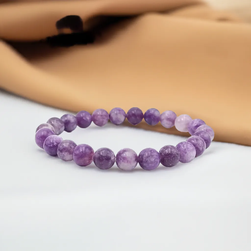 Real Lepidolite Beaded Elastic Bracelet – Healing Crystal Jewelry for Men & Women