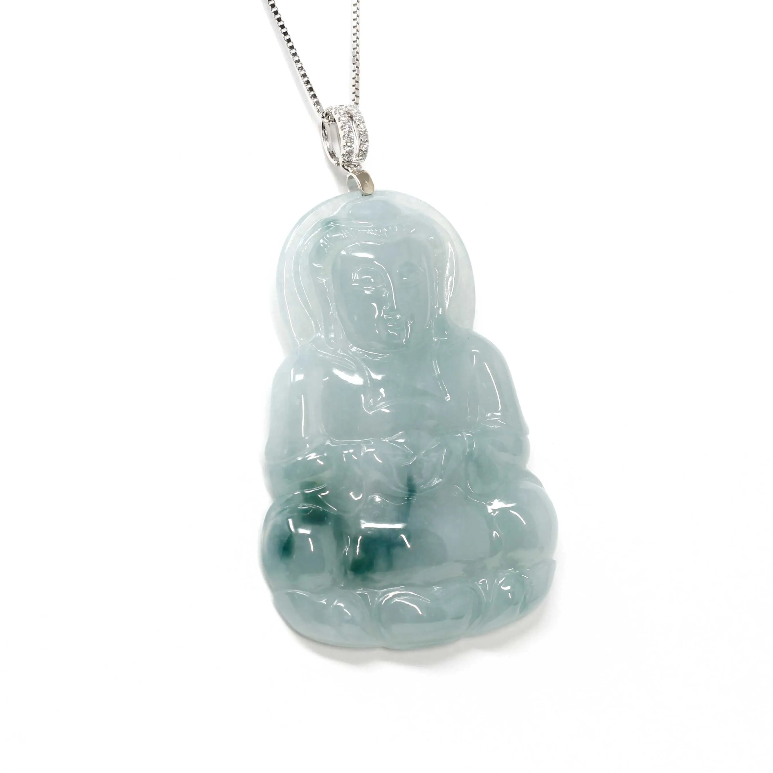 RealJade® "Guan Yin" Genuine Jadeite Guan Yin Pendant Necklace With 18k White Gold Diamond Bail