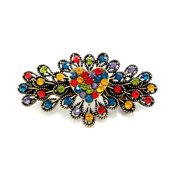 Rhinestone Heart Antique Brass Finish Princess Hair Barrette