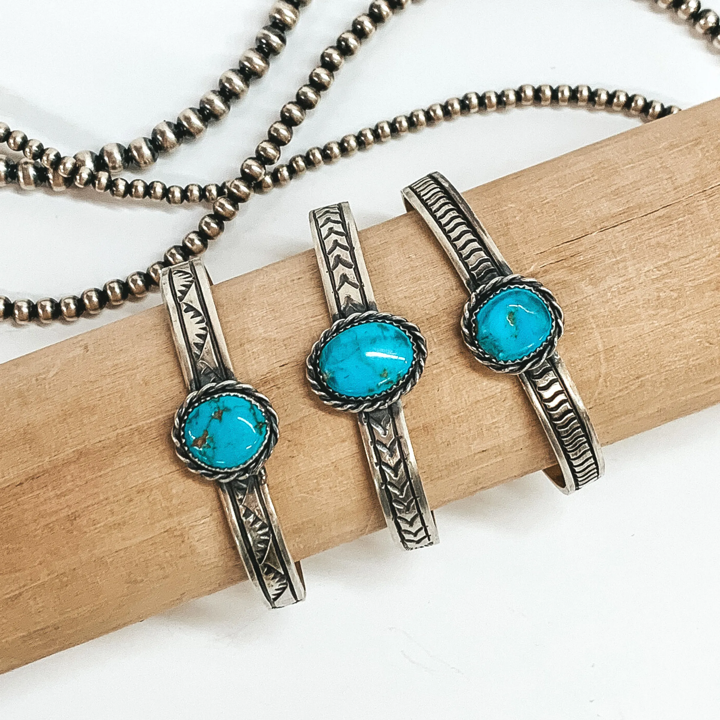 Rick Enriquez | Navajo Handmade Detailed Sterling Silver Cuff Bracelet with Kingman Turquoise Stone
