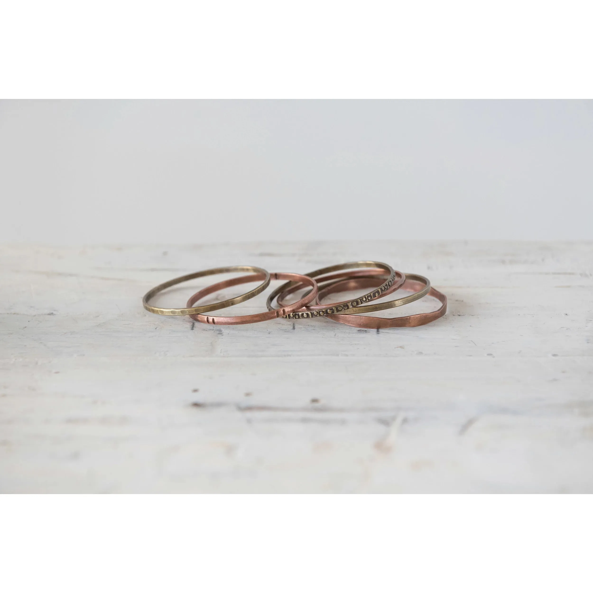Round Antique Brass and Copper Bangles, Set of 6